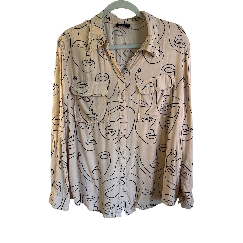 Milk & Honey Face Print Button Down Shirt Beige Black Roll Tab Rayon 2X